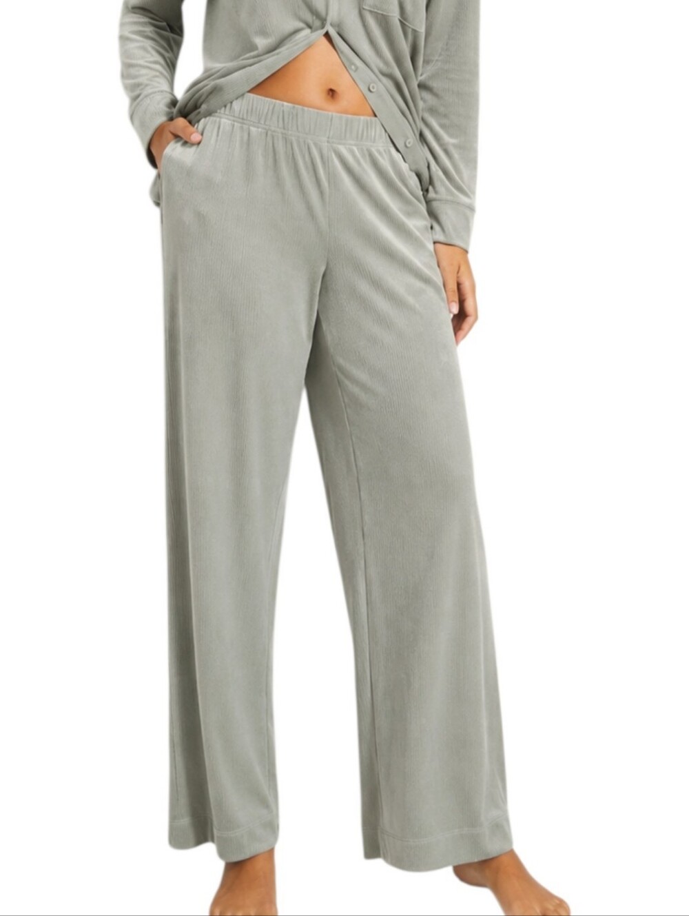 Soma Velvety Ribbed Wide Leg Pajama Pants S Sage Grey Velour Lounge Pockets Cozy